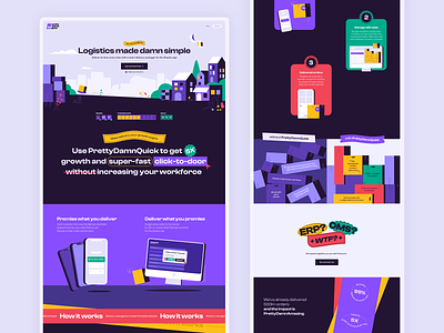 PrettyDamnQuick Website 🚚📦 2d bold branding delivery home page illustration landing page logistics package parcel product design purple rebel shipping startup web design website