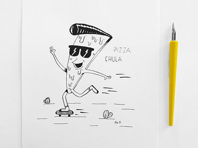 Cheesy Rockabilly Pizza doing skateboard funny character illustration ink nib pen pen and ink pizza skateboard