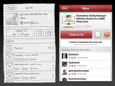 SocialGrapes Wine View, Wireframe and Render Comparison app checkin comparison detail view foursquare gowalla ios render socialgrapes wine wireframe