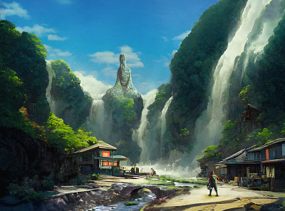 Fishing Falls ai calm digital painting fantasy fishing illustration landscape midjourney peaceful serene waterfall