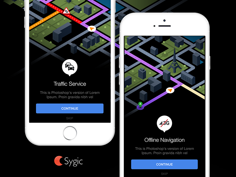 Sygic animated intro screen. vector city android ios intro navigation app sygic