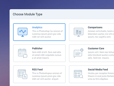Select Module - Web App Product UI Design choose dashboard data form grid interface mobile module product type visualization