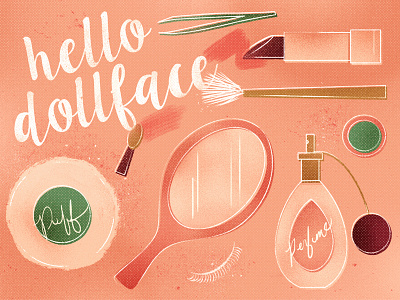 Hello Dollface blush eyeshadow illustration lipstick makeup mirror peach perfume pink powder retro vintage