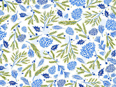 Woodsy Winter Pattern blue floral flowers forest greenery pattern pinecone twigs winter