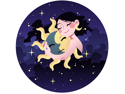 moon girl clouds dreams embrace girl illustration night stars sun vector woman луна