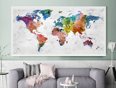 Push Pin Travel Map of World - Watercolor Map, Push Pin Map,