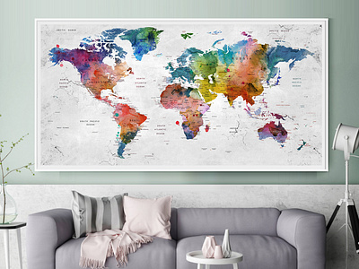 Push Pin Travel Map of World - Watercolor Map, Push Pin Map,