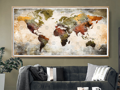 World map poster watercolor world map art Push pin map