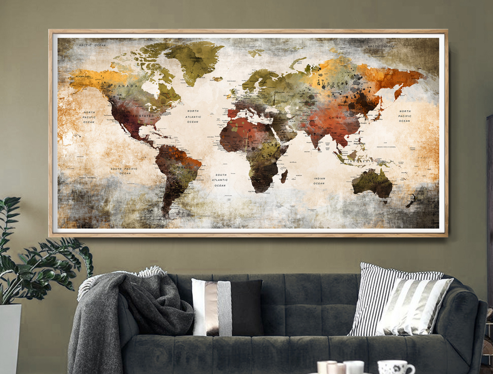 World map poster watercolor world map art Push pin map by FineArtCenter ...