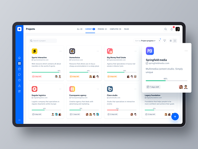 Project management tool: Projects. Card view app cards dashboard data desktop filters grid interface product design project management tool sidebar sort tool ui web