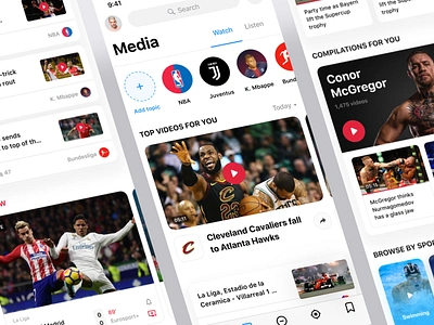 Rewind: Media.Watch cards chatbot clean interface media product product design rewind sport app sport book sports ui ux video widgets