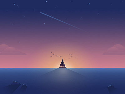 Hello Dribbblers! debut flat design illustration invite journey ocean sailing welcome