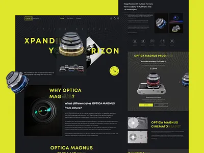 Optica Magnus Landing Page Design camera camera lens camera lens website dark dark mode design figma graphic design landing landing page lens magnus neon optica ui ui design ux ux design website website design