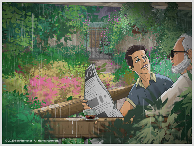 Conversation in rain ! balcony bangladesh flower grandfather grandson illustration newspaper rain wacom