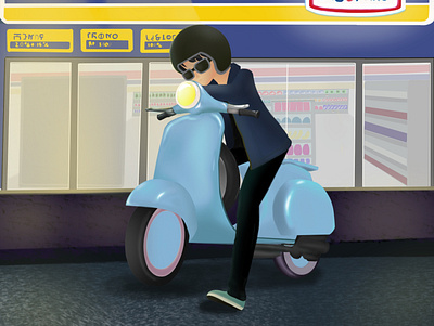 3D Vespa and a guy 2d 3d graphic design illustration procreate