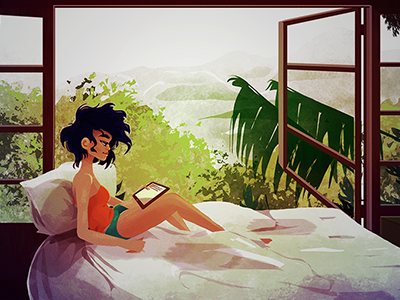 Jungle Window cartoon character digital painting girl illustration jungle reading woman