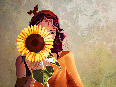 Sunflower autumn character digital painting flat flower girl illustration sunflower textured woman