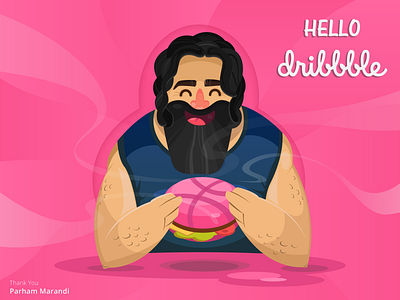 Hello Dribbble! beard burger charactedesign character design designer dribbble eat flat hello hello dribbble illustration illustrator invitation invite vector