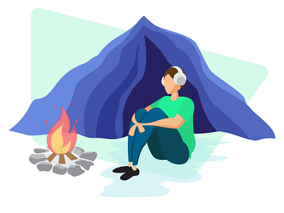 Camping illustration app audio app audiobook audiobooks campfire camping cave character concept concept design design fire illustraor illustration listening music music app podcast ui