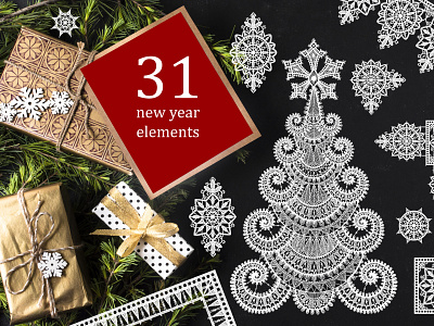 Set of New Year vector clipart. christmas tree classic clip art ethnic lace merry christmas new year northern print seamless pattern style swedish vintage wallpaper winter wrapping paper