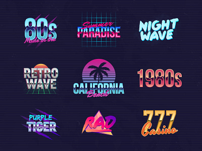 Neon outrun logo collection. 1980s 80s background cyberpunk design logo neon retro retrowave set shot synthwave vaporwave vector
