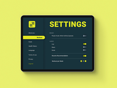 UI Design: Setting Page for Gym App branding dailyui dailyui007 graphic design logo tablet uidesign