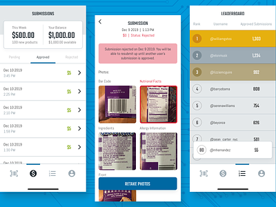 Food Database UI app design food groceries interface leaderboard payment photos product design prototype ui ux