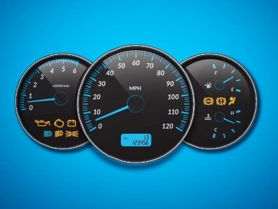 Dash adobe illustrator blue controls display engine light fuel gauge odometer temperature vector