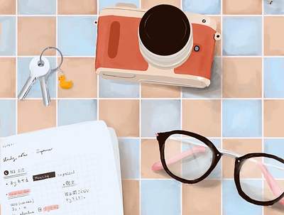 Kitchen Study Time camera glasses graphic design illustration japanese keys procreate study