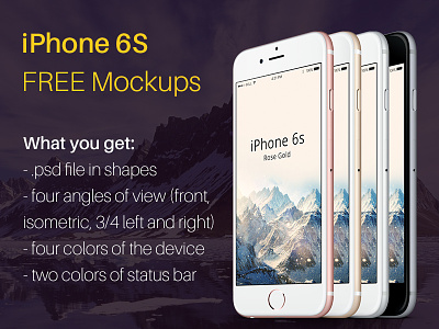 iPhone 6S FREE mockup (4 colors, 4 angles of view) app apple device design free psd front in shapes iphone 6s isometric photoshop mockup template three quarters ui