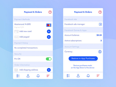 Daily UI Challenge #007 - Settings - Payment and Orders screen app application challenge clean dailyui facebook interface mobile orders payment settings ui