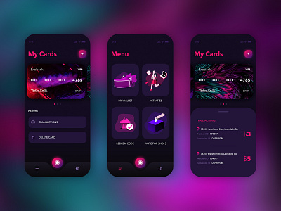 Cards abstract application blur blurred background card card design challenge dailyui dark app dark ui gradient menu menu card menu design menubar mobile mobile app purple gradient ui ux