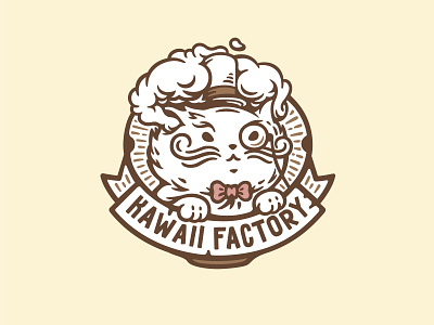 Kawaii Factory cat cute engraving factory hat illustration label mustache smoke vintage