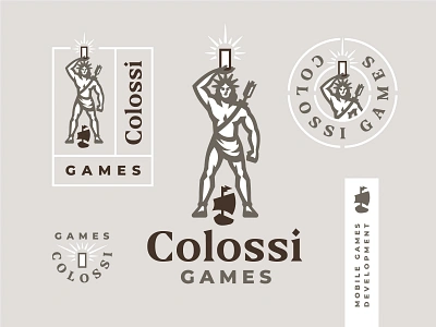 Colossi Games body branding colossus game greece gym human label logo man mascot mobile monument print rome ship statue warrior