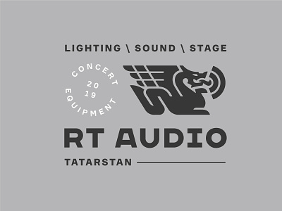 RT Audio audio badge branding concert dragon fire label light lightning logo sound stage tech wave wings