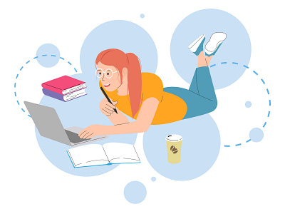 Girl with a laptop. Online education. books courses exams flat girl illustration laptop online education prepearing student study vector