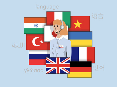 Translator woman on the background of flags and words