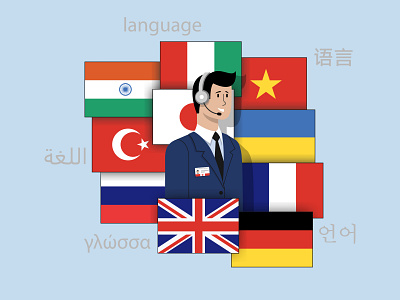Translator man on the background of flags and words
