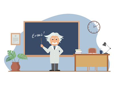Einstein. Physics teacher is near the blackboard