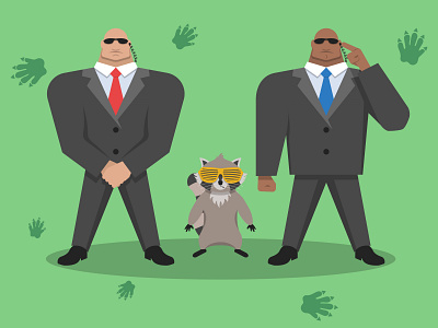 A raccoon with sunglasses and two bodyguards