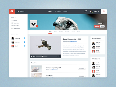Youtube Channel View (Re-design) clean design free interactive listings profile psd ui user experience ux video youtube youtube redesign