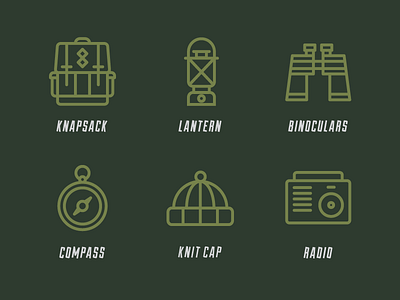 Explorer Icons backpack binoculars compass exploration explorer green icons lantern outdoors radio toque typography