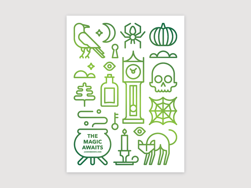 The Magic Awaits flat halloween icons illustration magic postcard print self promo