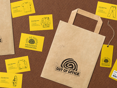 Out Of Office Goods - Print assets brand identity brand identity system branding business card graphic design handlettering hangtag illustration illustrator lettering logo logotype out of office goods paper bag spiral type typography vintage clothing vintage clothing shop
