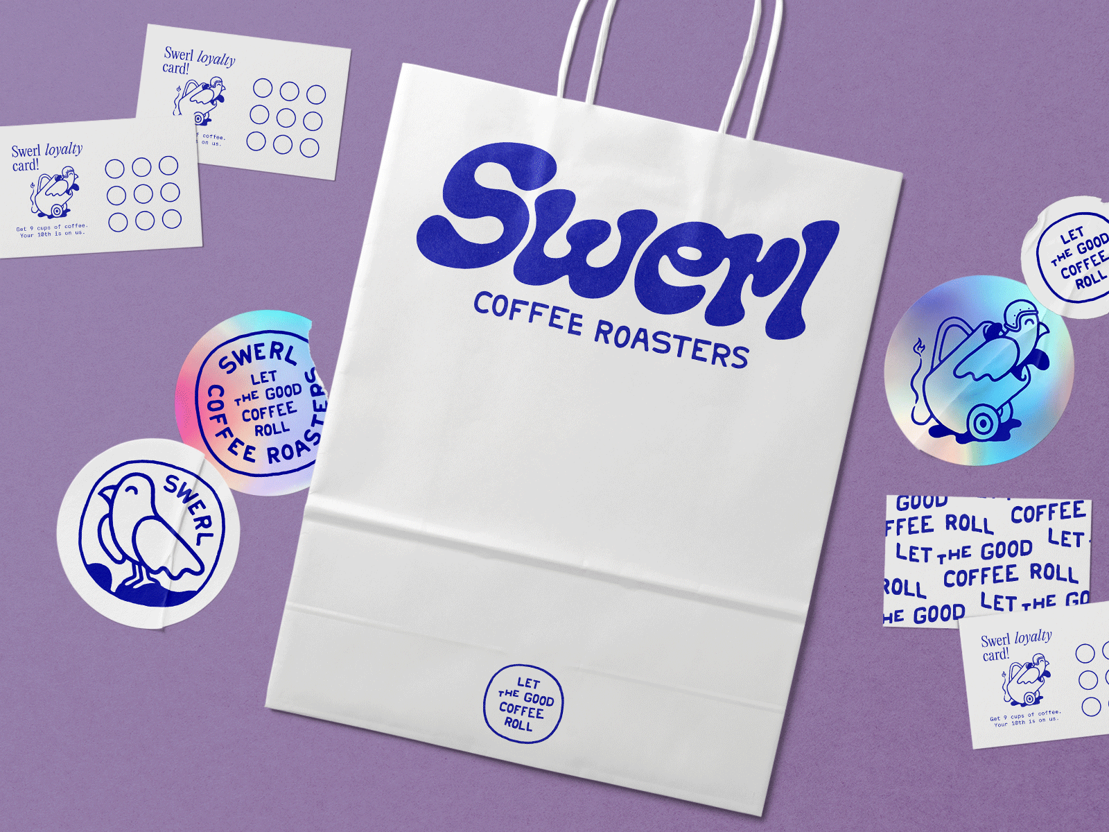 Your 10th is on us! brand identity branding café branding coffee coffee branding coffee roastery coffee takeaway design graphic design illustration let the good coffee roll loyalty card roastery branding stickers swerl coffee roasters type typography