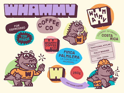 Whammy Coffee Co brand identity brand identity system brand mascot branding coffee branding coffee company custom logotype custom wordmark design dinosaur mascot graphic design illustration illustrator lettering logo logotype mascot responsive logo system type typography