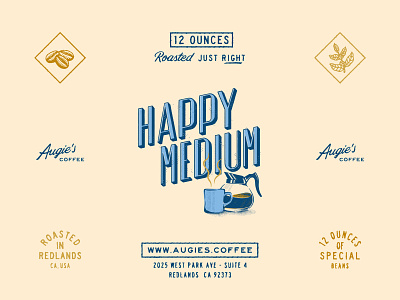 Happy Elements of Happy Medium augies coffee brand identity branding branding design coffee coffee packaging coffee roaster coffeeshop graphic design handlettering illustration lettering logo logotype packaging packaging design typography wordmark