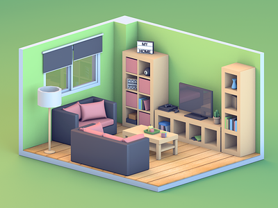 At home in quarantine c4d cgi cinema 4d home illustration isometric isometric art living room low poly lowpoly lowpolyart render room