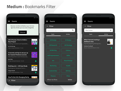 Medium : Bookmarks Filter android articles bookmarks dark theme design feature medium reading reading app ui ux