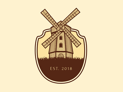 Windmill Icon badge branding brown creative design graphic icon illustration illustrator logo logo mark newglue shield vector windmill yellow